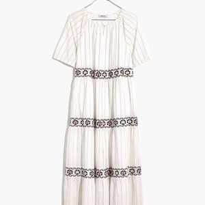 MADEWELL Embroidered Keyhole Tiered Midi Dress in Stripe M
